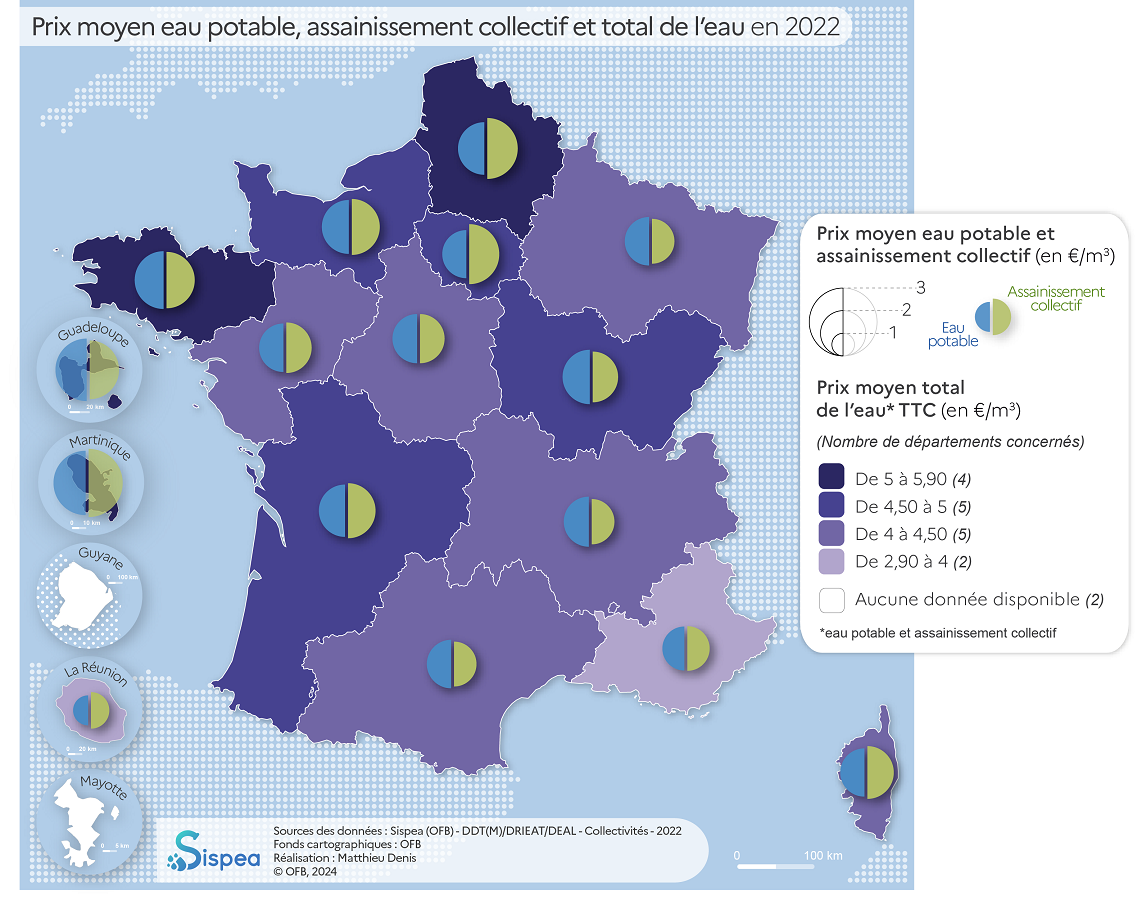 Prix moyen eau potable, assainissement collectif et total de l'eau en 2022