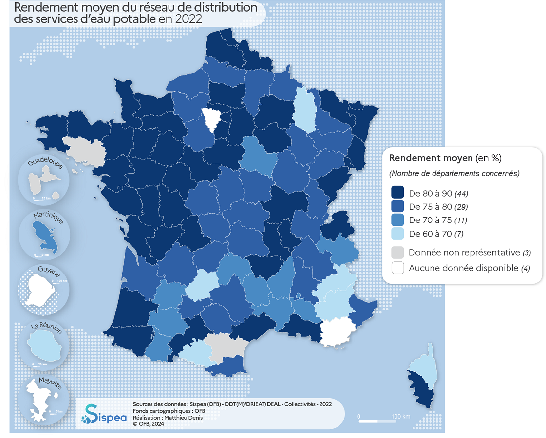 Carte du rendement moyen du réseau de distribution des services d'eau potable en 2022